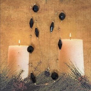 Black Faceted Bead Station Necklace Goldtone